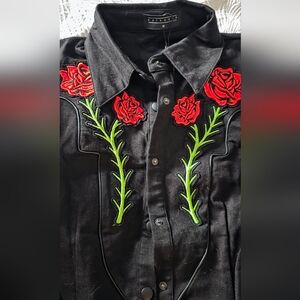 Katacomb Western Black Embroidered Rose Shirt